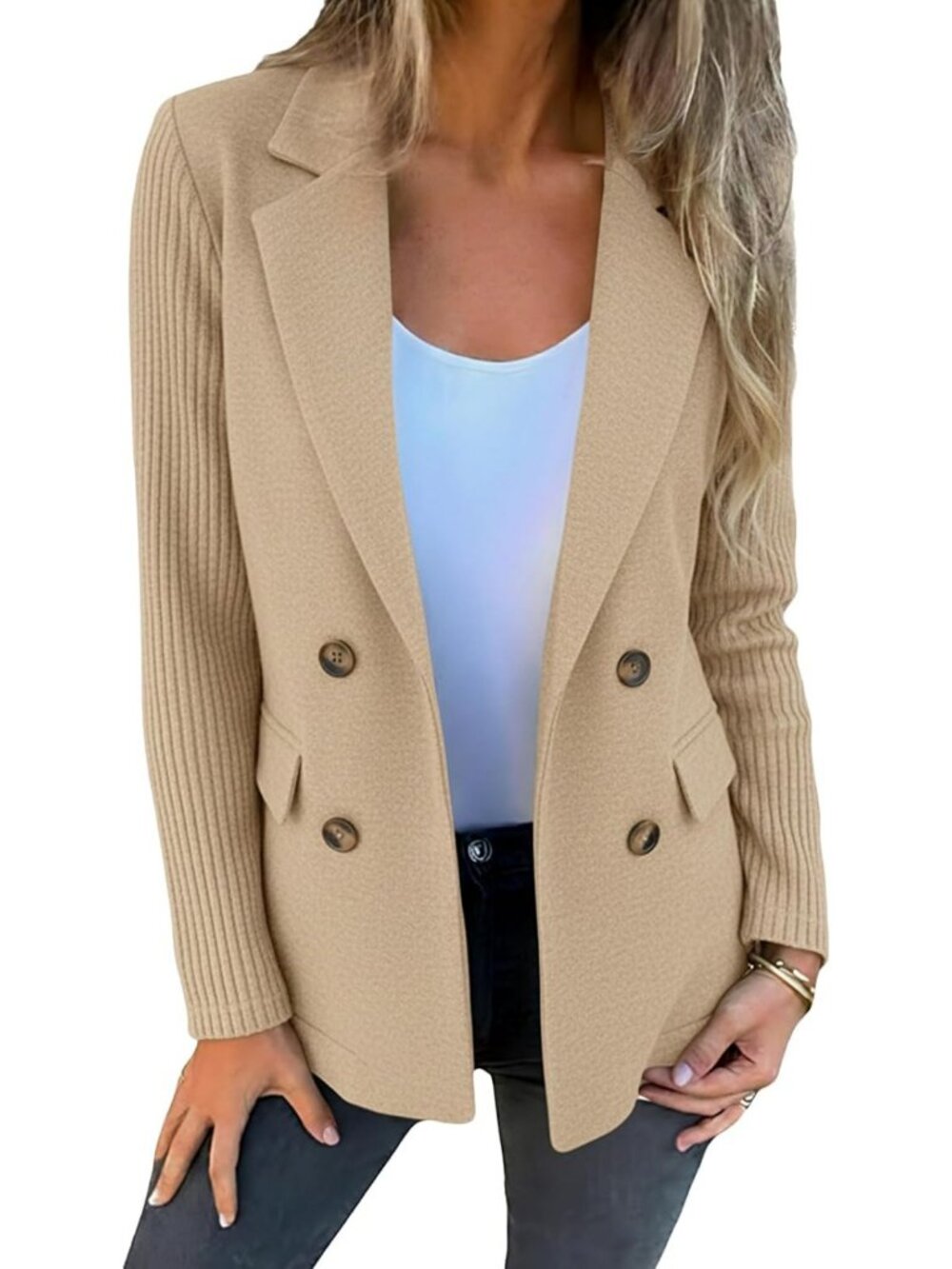 Chic Casual Blazer Coat for Women | Ribbed Knit Sleeves & Pockets, Stylish